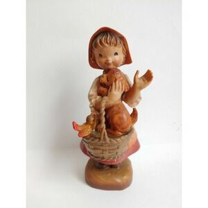 Anri Ferrandiz 6 1/4" wooden carved statue girl with puppy basket